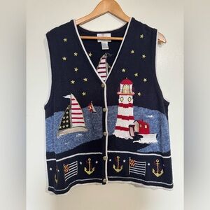 Christopher & Banks Navy Vest with Nautical Design Large